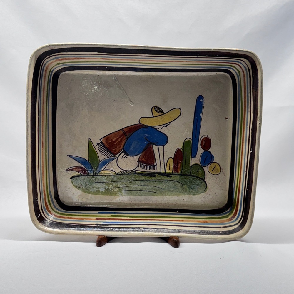 Tlaquepaque 1940s Vintage Tray Large Multi Color Siesta Mexican Folk Art Pottery